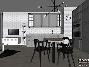 Szara skandynawska kuchnia z białą płytką cegiełką, metalowa biała szafka TV - zdjęcie od PROJEKT express