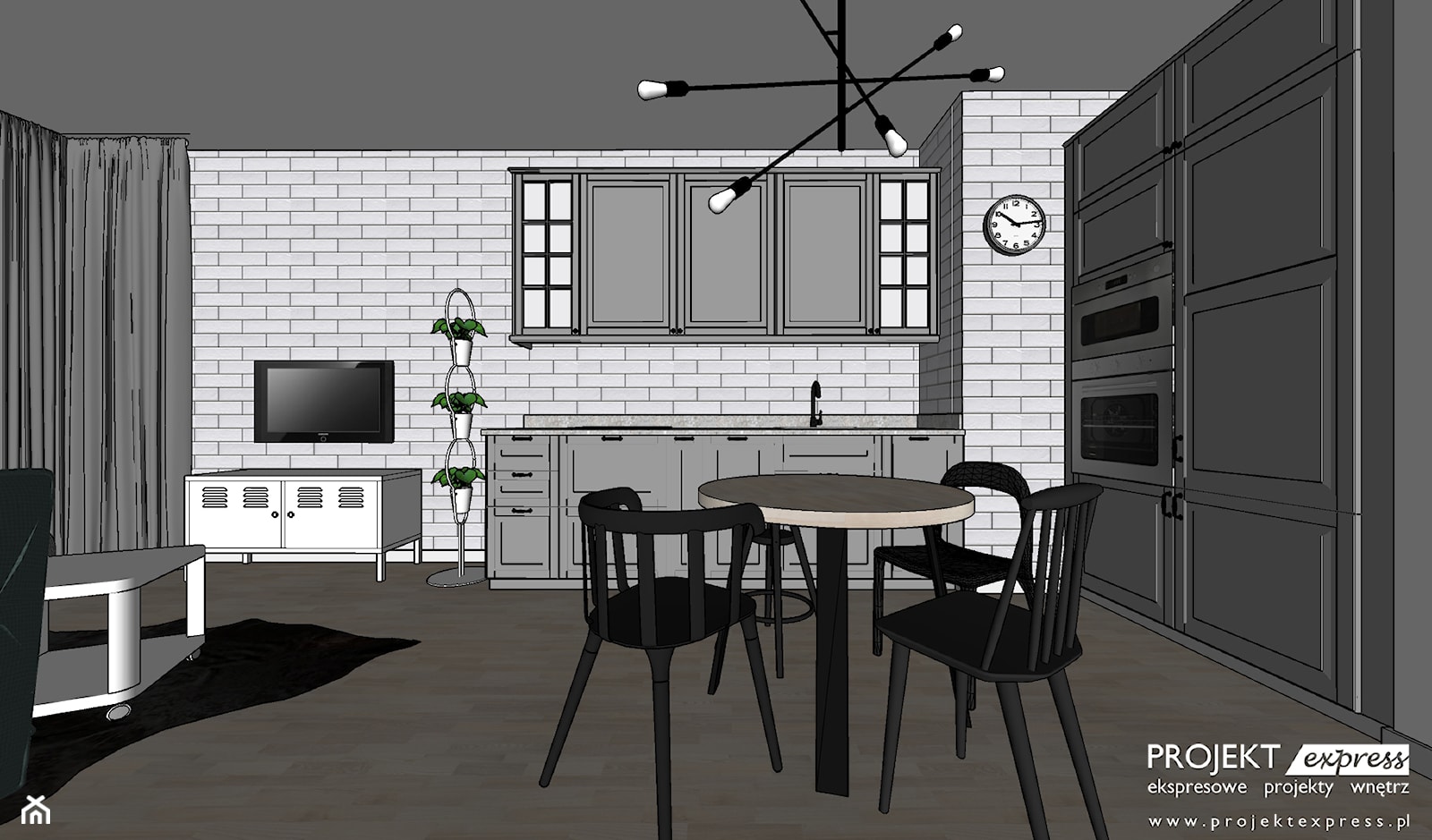 Szara skandynawska kuchnia z białą płytką cegiełką, metalowa biała szafka TV - zdjęcie od PROJEKT express - Homebook