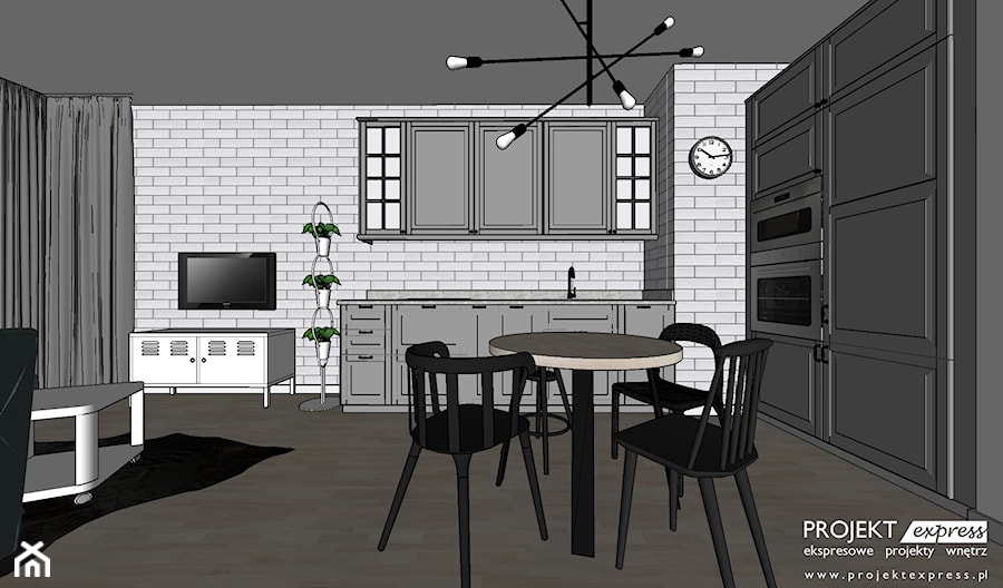 Szara skandynawska kuchnia z białą płytką cegiełką, metalowa biała szafka TV - zdjęcie od PROJEKT express