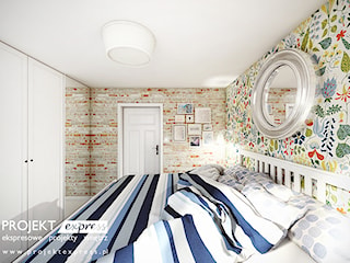 Kolorowa sypialnia z cegłą i tradycyjną skandynawską tapetą - 12 mkw