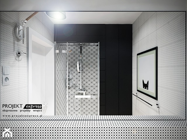 Mała łazienka - biało czarna klasyka, płytki z geometrycznym wzorem - 2,9 mkw!