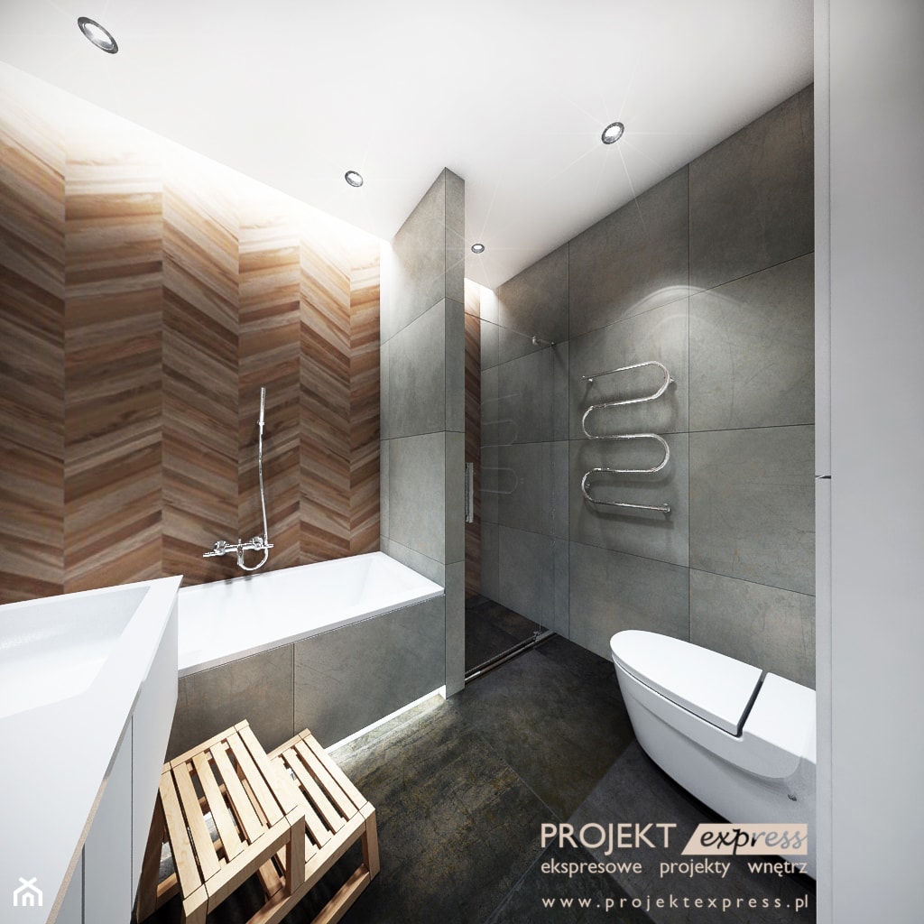 Łazienka dla dzieci z płytką jodełką na ścianie - wanna, prysznic, 2 umywalki, wc - 5,5 mkw - zdjęcie od PROJEKT express - Homebook