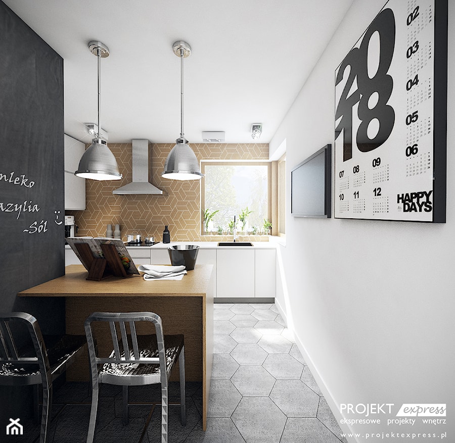 Nowoczesna kuchnia z betonową płytką heksagonalną i drewnianą mozaiką - 11,5 mkw - zdjęcie od PROJEKT express