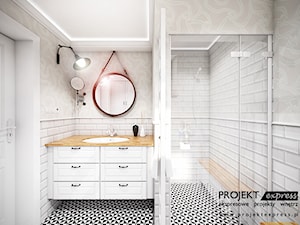 Mała łazienka z prysznicem - 5 mkw - białe płytki cegiełki metro - zdjęcie od PROJEKT express