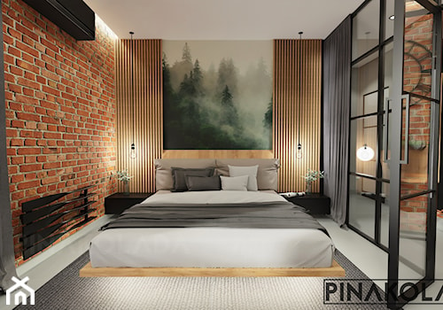 Sypialnia małżeńska w stylu industrialnym. Cegła, lamele, drewno, czerń. - zdjęcie od Pinakolada