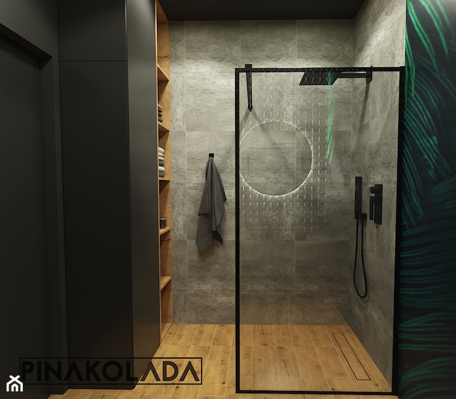 Łazienka w której królują ciemne barwy i drewno. - zdjęcie od Pinakolada