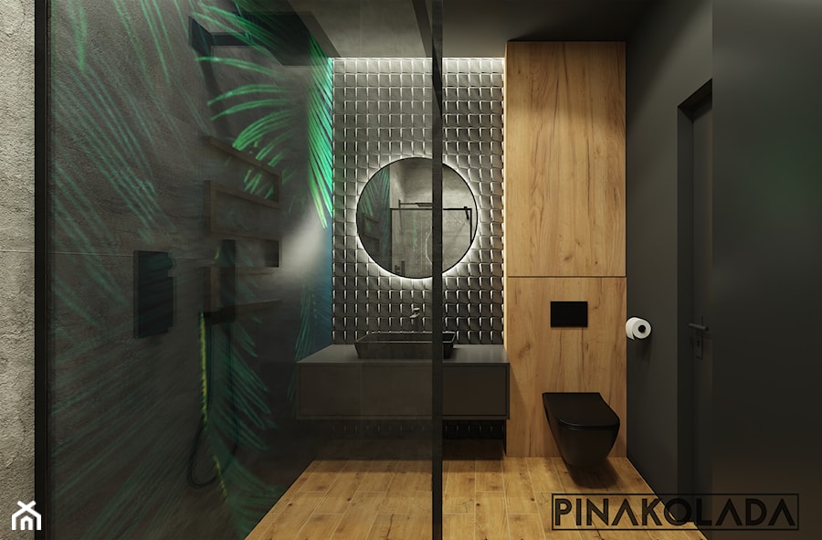 Łazienka w której królują ciemne barwy i drewno. - zdjęcie od Pinakolada