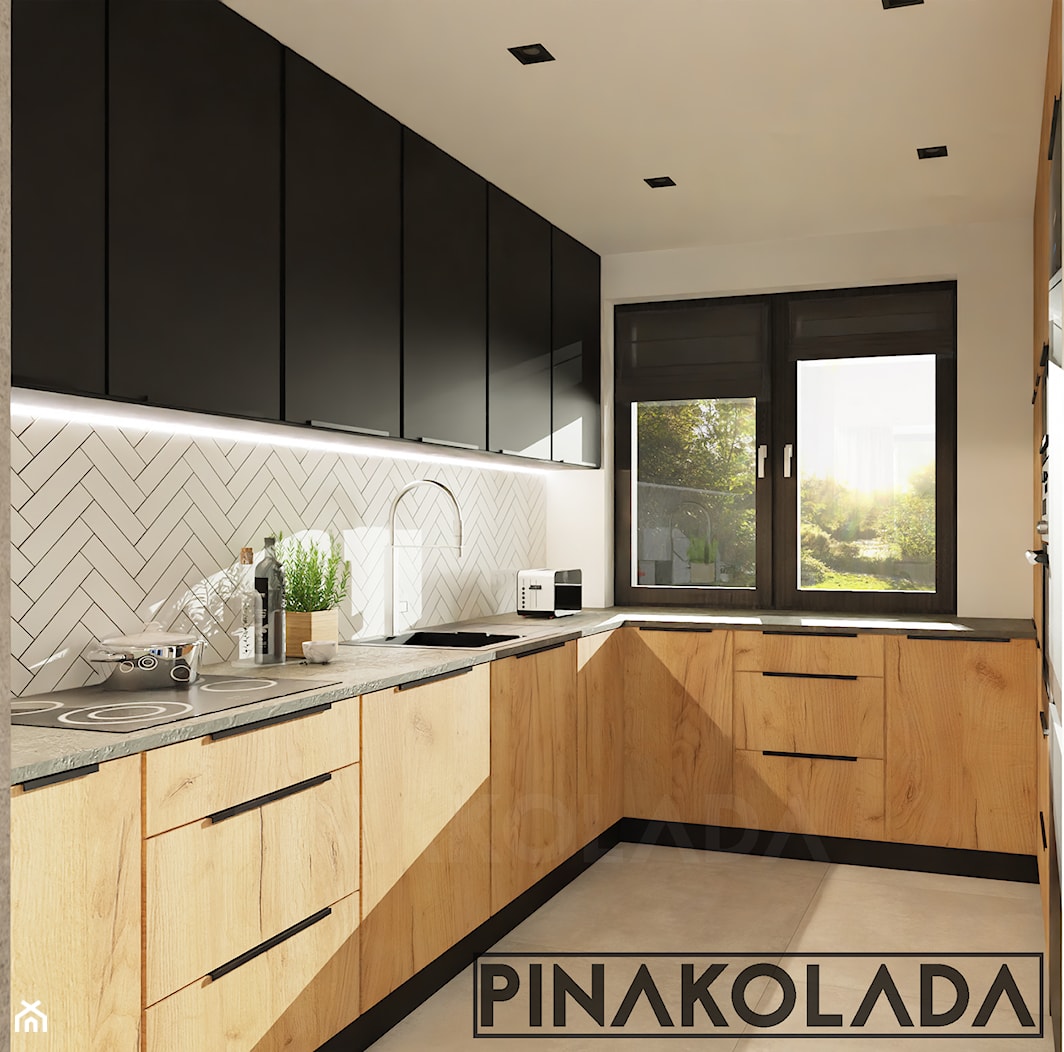 Kuchnia nowoczesna w czerni drewnie i bieli - zdjęcie od Pinakolada - Homebook