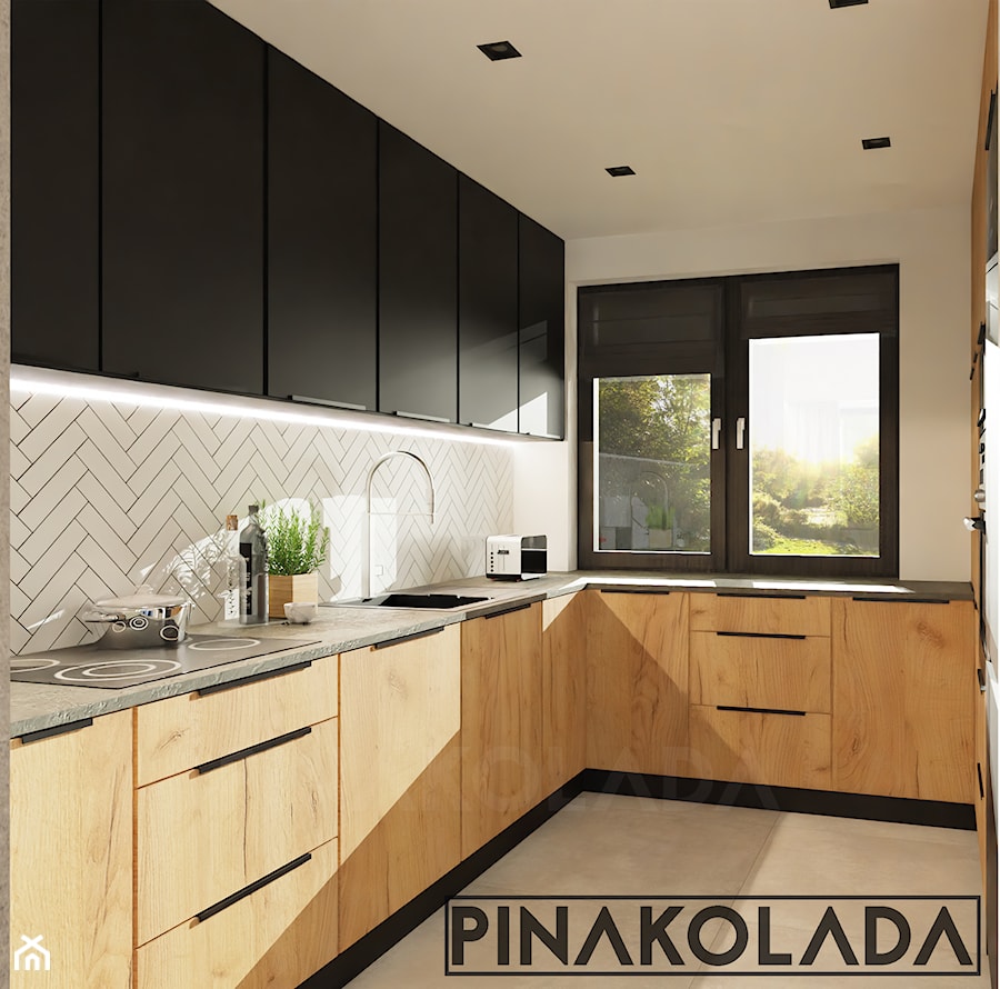 Kuchnia nowoczesna w czerni drewnie i bieli - zdjęcie od Pinakolada