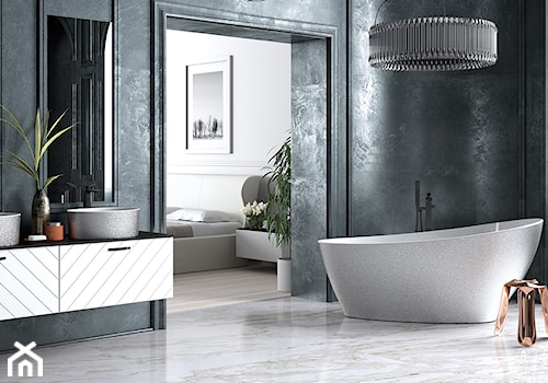 Inspiracje - Duża z lustrem z dwoma umywalkami z marmurową podłogą łazienka z oknem, styl glamour - zdjęcie od Besco_eu
