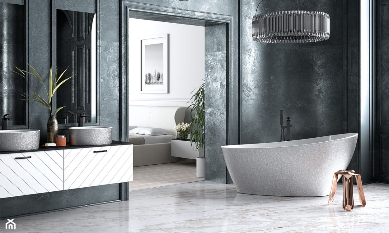 Inspiracje - Duża z lustrem z dwoma umywalkami z marmurową podłogą łazienka z oknem, styl glamour - zdjęcie od Besco_eu - Homebook