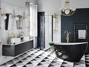 Inspiracje - Duża z dwoma umywalkami z marmurową podłogą łazienka z oknem, styl vintage - zdjęcie od Besco_eu