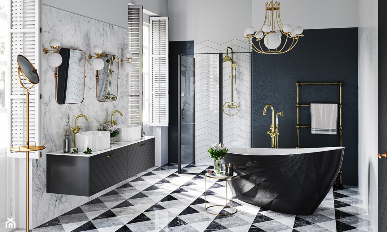 Inspiracje - Duża z dwoma umywalkami z marmurową podłogą łazienka z oknem, styl vintage - zdjęcie od Besco_eu - Homebook
