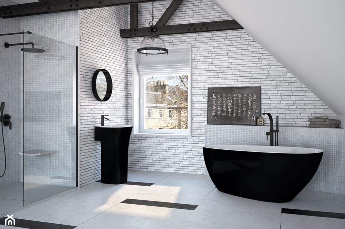 Inspiracje - Duża na poddaszu z marmurową podłogą łazienka z oknem, styl industrialny - zdjęcie od Besco_eu - Homebook