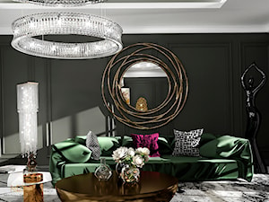 Welurowa kanapa z poduszkami lustrem na ścianie - zdjęcie od Milchina Design