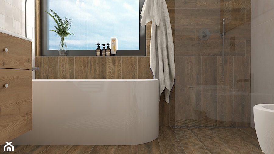 Łazienka z wanną przyścienną i prysznicem walk in - zdjęcie od Projektowanie wnętrz Dobry Plan