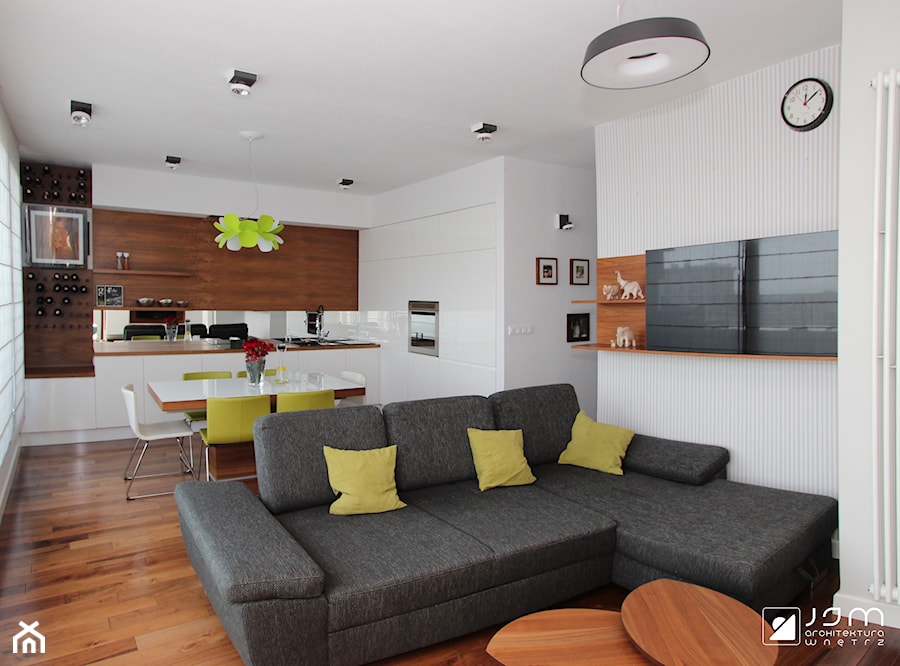 Apartament w Warszawie - Mały biały salon z kuchnią z jadalnią, styl nowoczesny - zdjęcie od JSM Architektura Wnętrz