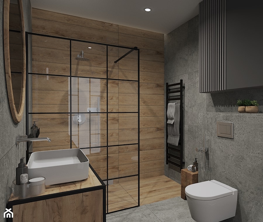 szara łazienka z otwartym prysznicem przy sypialni - zdjęcie od Studio Projektowe Łowicz