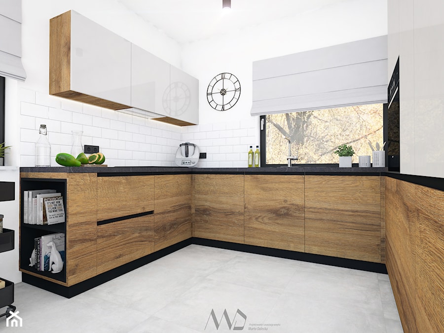 Kuchnia drewnopodobna z szarością i czernią - zdjęcie od Projektowanie i Aranżacja Wnętrz Marta Dalecka