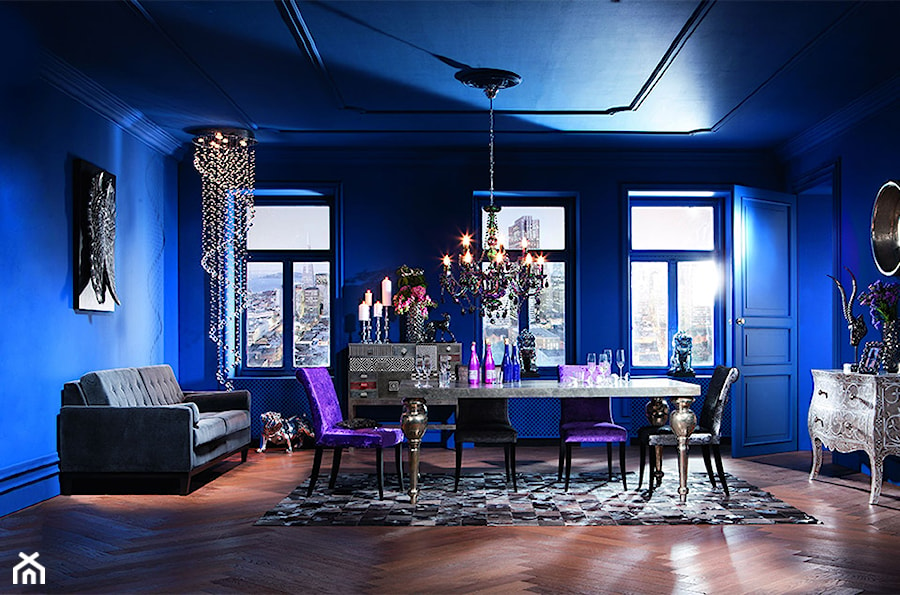 Średni niebieski salon z jadalnią, styl glamour - zdjęcie od sfmeble.pl