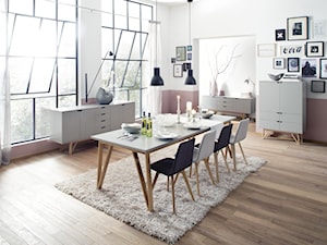 Duża biała różowa jadalnia jako osobne pomieszczenie, styl skandynawski - zdjęcie od sfmeble.pl