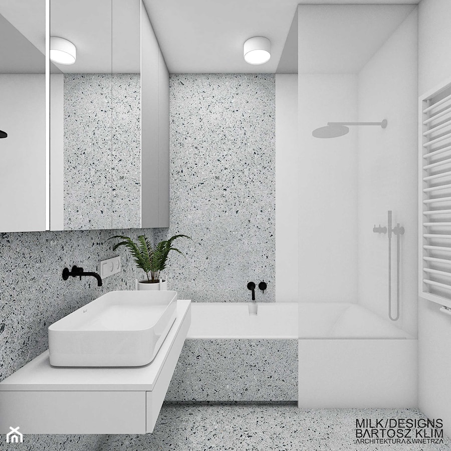 Minimalistyczny projekt łazienki z wykorzystaniem lastryko. - zdjęcie od MILK/DESIGNS ARCHITEKTURA&WNĘTRZA