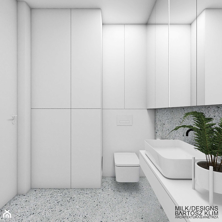 Minimalistyczny projekt łazienki z wykorzystaniem lastryko. - zdjęcie od MILK/DESIGNS ARCHITEKTURA&WNĘTRZA