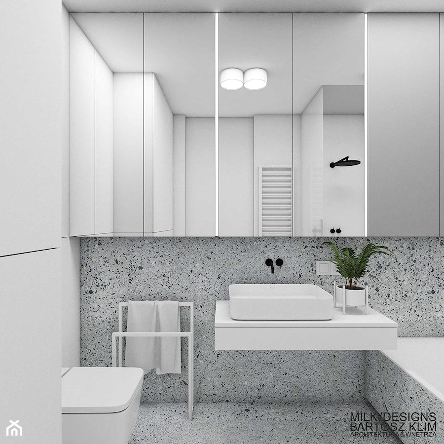 Minimalistyczny projekt łazienki z wykorzystaniem lastryko. - zdjęcie od MILK/DESIGNS ARCHITEKTURA&WNĘTRZA
