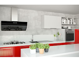 Biało czerwona kuchnia z betonem architektonicznym i okapem Merto Black 90