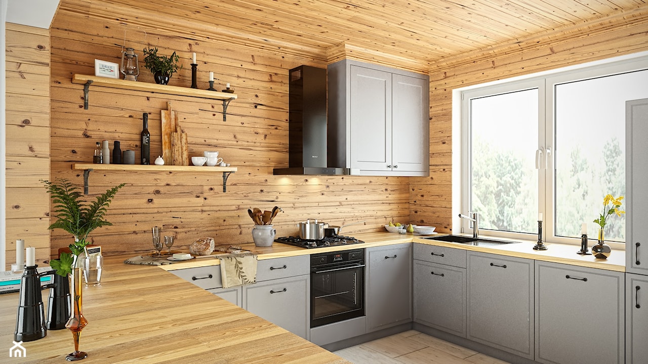 drewniane ściany w nowoczesnej kuchni