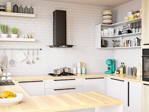 Średnia otwarta z salonem biała z zabudowaną lodówką kuchnia w kształcie litery g z oknem, styl skandynawski - zdjęcie od OkapyKuchenne.pl