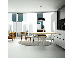 Apartament z otwartą kuchnią w stylu minimalistycznym z okapem do zabudowy Loteo Grey