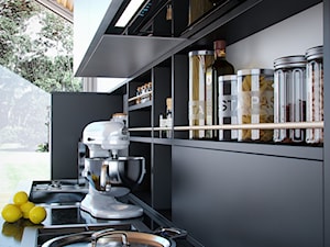 Średnia otwarta z kamiennym blatem czarna z zabudowaną lodówką kuchnia jednorzędowa z oknem, styl minimalistyczny - zdjęcie od OkapyKuchenne.pl