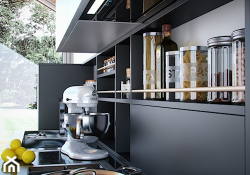 Średnia otwarta z kamiennym blatem czarna z zabudowaną lodówką kuchnia jednorzędowa z oknem, styl minimalistyczny - zdjęcie od OkapyKuchenne.pl