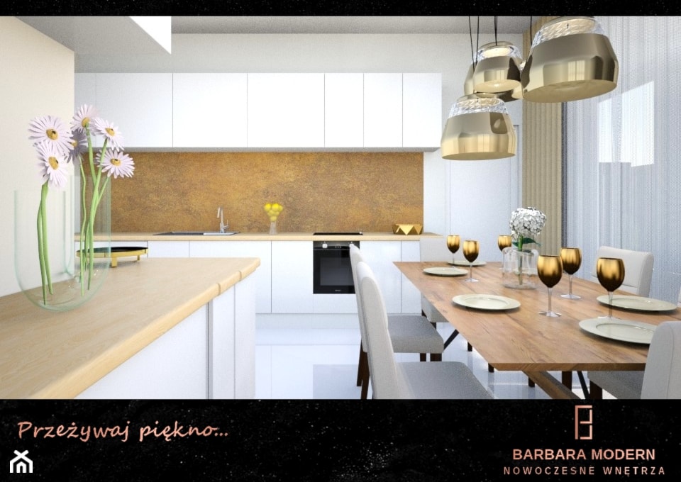 Projekt wnętrza domu, w którym motywem przewodnim jest złoty kolor. - Kuchnia, styl nowoczesny - zdjęcie od BARBARA MODERN - Nowoczesne Wnętrza. Barbara Liberska - Homebook