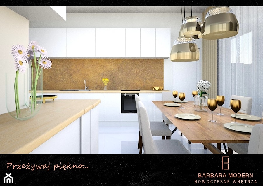Projekt wnętrza domu, w którym motywem przewodnim jest złoty kolor. - Kuchnia, styl nowoczesny - zdjęcie od BARBARA MODERN - Nowoczesne Wnętrza. Barbara Liberska