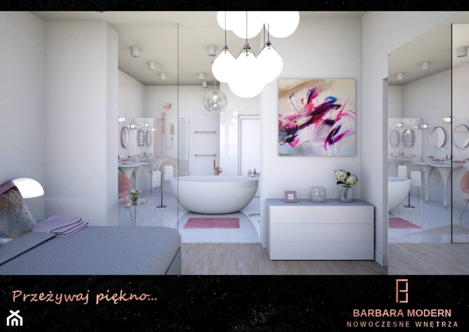 Projekt kobiecej sypialni połączonej z pokojem kąpielowym w Warszawie - Sypialnia, styl nowoczesny - zdjęcie od BARBARA MODERN - Nowoczesne Wnętrza. Barbara Liberska - Homebook