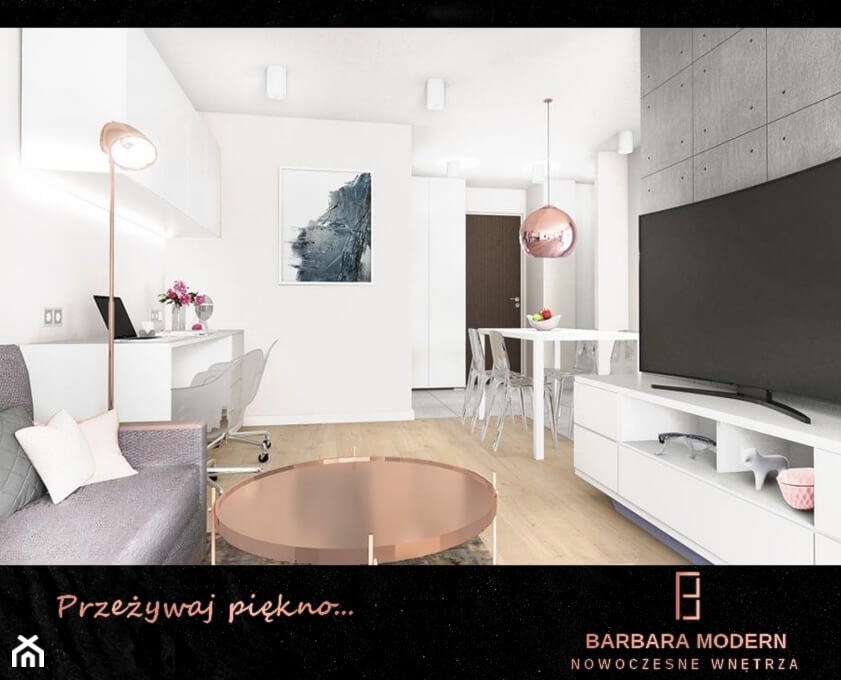 Projekt nowoczesnego mieszkania z eleganckimi, miedzianymi dodatkami. - Salon, styl glamour - zdjęcie od BARBARA MODERN - Nowoczesne Wnętrza. Barbara Liberska