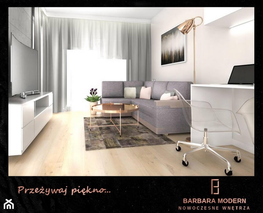 Projekt nowoczesnego mieszkania z eleganckimi, miedzianymi dodatkami. - Salon, styl nowoczesny - zdjęcie od BARBARA MODERN - Nowoczesne Wnętrza. Barbara Liberska