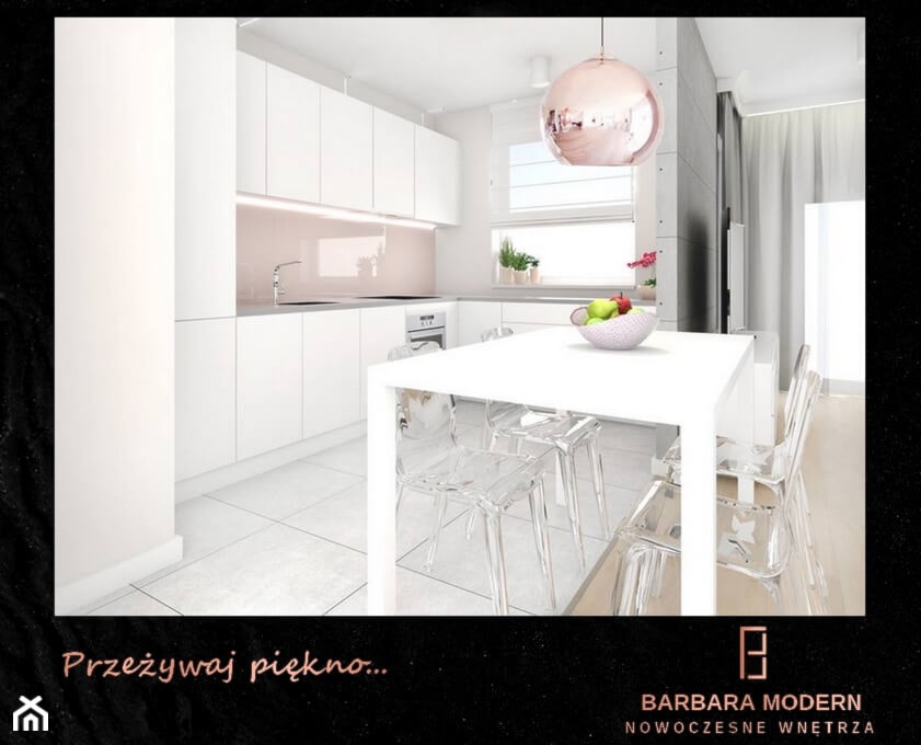 Projekt nowoczesnego mieszkania z eleganckimi, miedzianymi dodatkami. - Kuchnia, styl nowoczesny - zdjęcie od BARBARA MODERN - Nowoczesne Wnętrza. Barbara Liberska - Homebook
