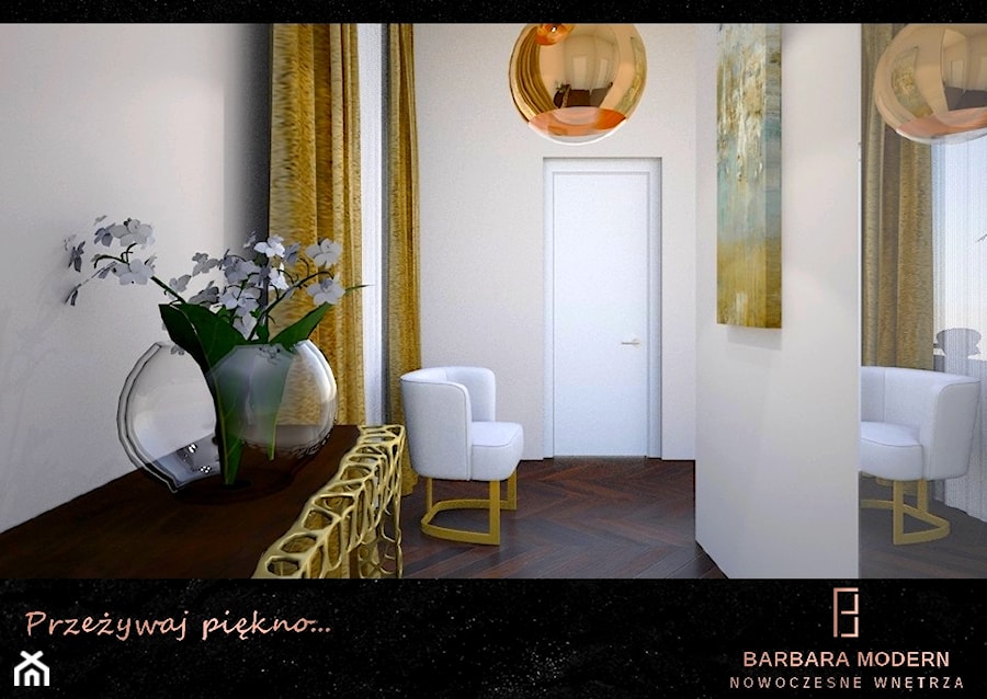 Projekt wnętrza domu, w którym motywem przewodnim jest złoty kolor. - Hol / przedpokój, styl glamour - zdjęcie od BARBARA MODERN - Nowoczesne Wnętrza. Barbara Liberska