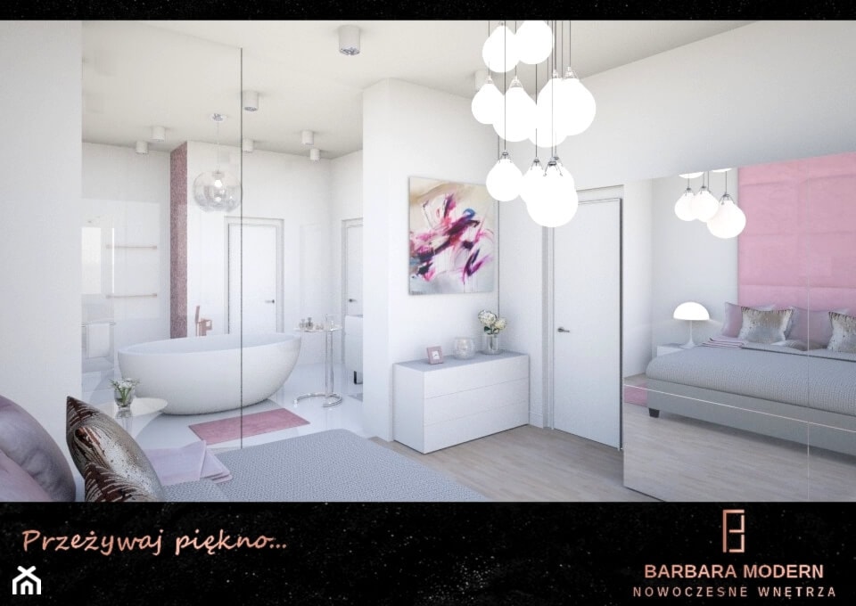 Projekt kobiecej sypialni połączonej z pokojem kąpielowym w Warszawie - Sypialnia, styl minimalistyczny - zdjęcie od BARBARA MODERN - Nowoczesne Wnętrza. Barbara Liberska - Homebook