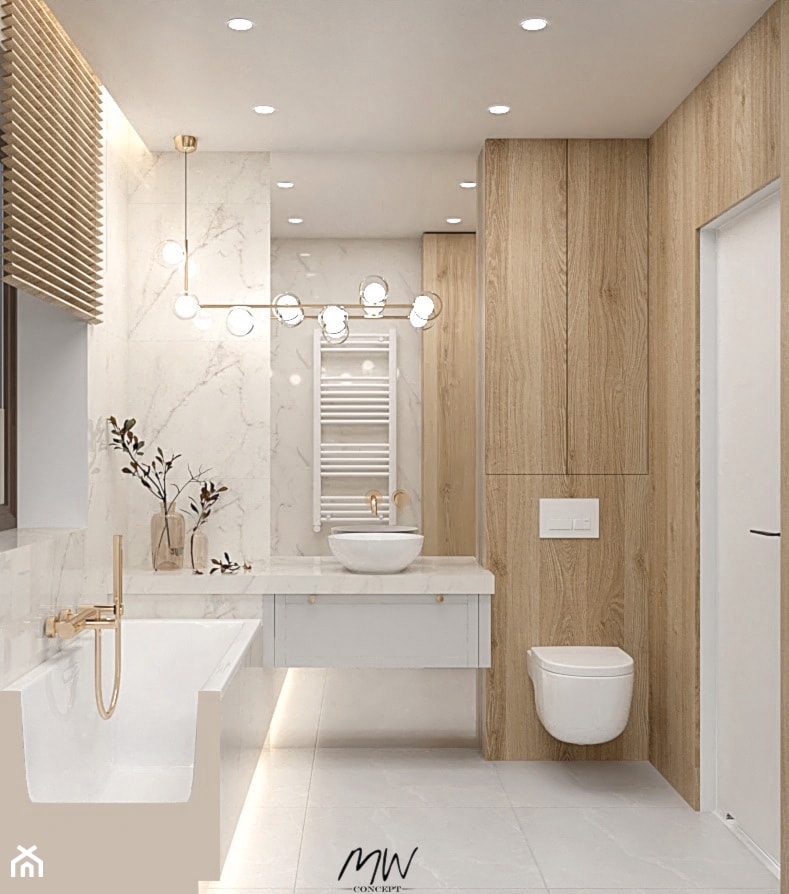 Łazienka marmur drewno + szafa gospodarcza - zdjęcie od MW concept - Homebook