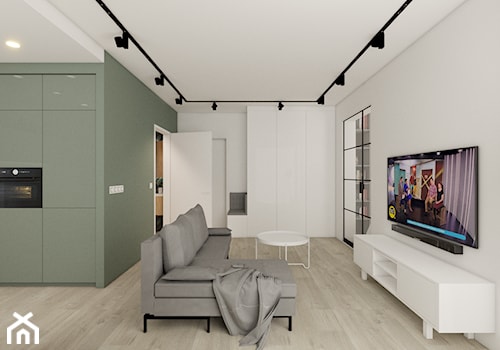 mieszkanie 43 m2 - Mały biały zielony salon z kuchnią, styl industrialny - zdjęcie od a3projektowaniewnetrz