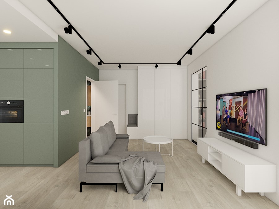 mieszkanie 43 m2 - Mały biały zielony salon z kuchnią, styl industrialny - zdjęcie od a3projektowaniewnetrz