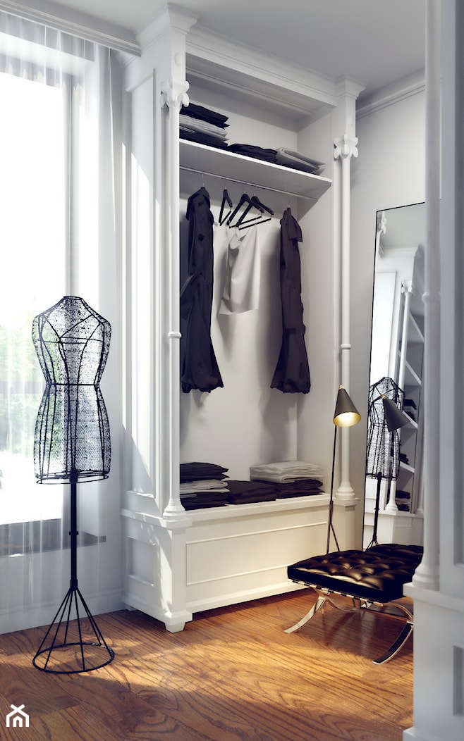 Mieszkanie - ul. Bartycka Warszawa - Mała garderoba przy sypialni z oknem, styl glamour - zdjęcie od OSOM. - Homebook