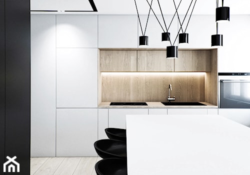 Mieszkanie w Łodzi - Średnia otwarta z kamiennym blatem czarna z zabudowaną lodówką z nablatowym zlewozmywakiem kuchnia jednorzędowa, styl minimalistyczny - zdjęcie od OSOM.