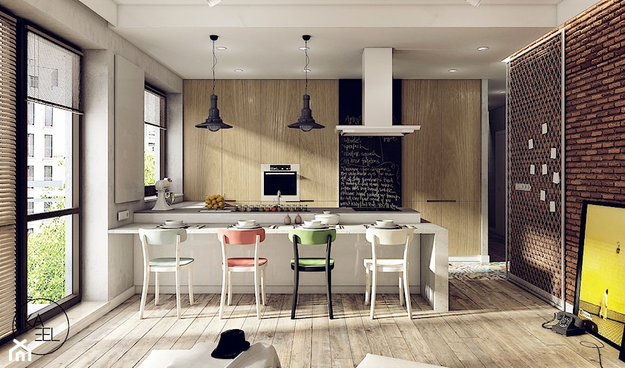 GOCŁAWSKA - Duża otwarta z salonem szara z zabudowaną lodówką kuchnia w kształcie litery u, styl industrialny - zdjęcie od KAEL Architekci