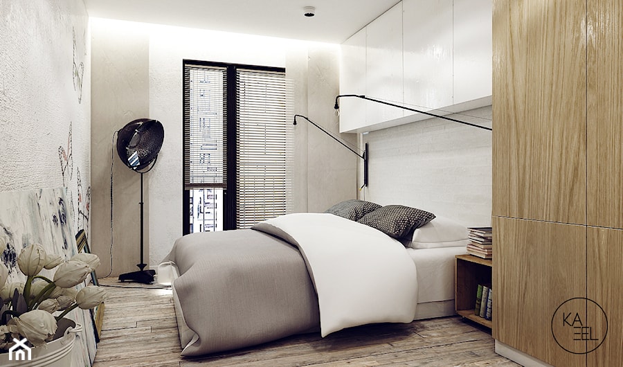 GOCŁAWSKA - Średnia biała sypialnia z balkonem / tarasem, styl industrialny - zdjęcie od KAEL Architekci