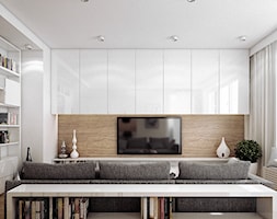 BORA KOMOROWSKIEGO - Mały biały salon z bibiloteczką, styl nowoczesny - zdjęcie od KAEL Architekci - Homebook